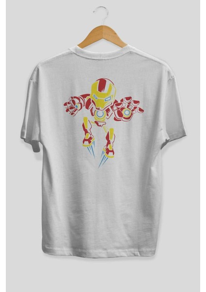 Iron Man (1) Arka Baskılı Beyaz Oversize T-Shirt Bisiklet Yaka Pamuk Erkek Kadın