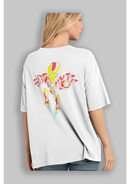 Iron Man (1) Arka Baskılı Beyaz Oversize T-Shirt Bisiklet Yaka Pamuk Erkek Kadın