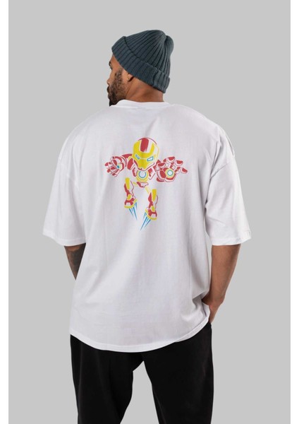 Iron Man (1) Arka Baskılı Beyaz Oversize T-Shirt Bisiklet Yaka Pamuk Erkek Kadın