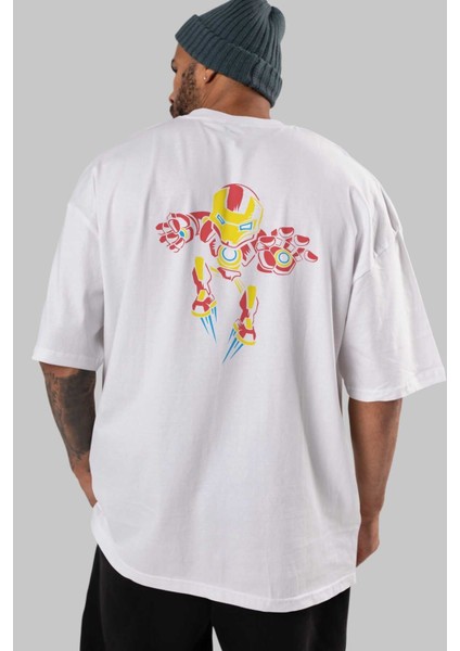Iron Man (1) Arka Baskılı Beyaz Oversize T-Shirt Bisiklet Yaka Pamuk Erkek Kadın