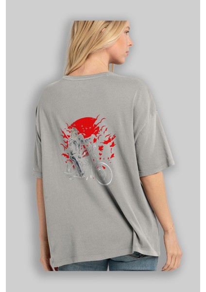 Zombie Slayer Arka Baskılı Gri Oversize T-Shirt Unisex Erkek Kadın Bisiklet Yaka modelleri