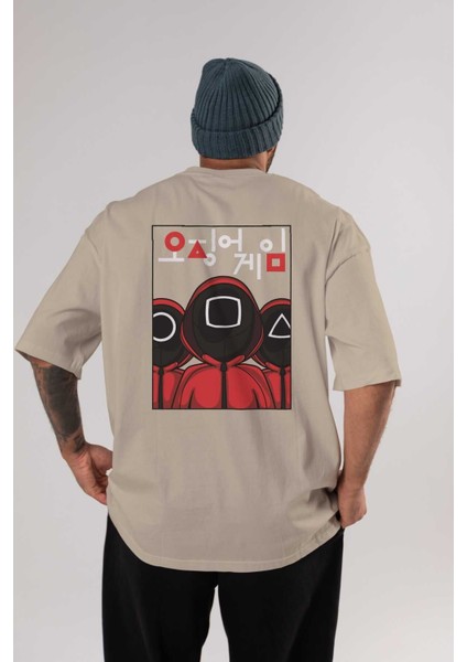 Squid Game (7) Arka Baskılı Bej Oversize T-Shirt Bisiklet Yaka Pamuk Erkek Kadın