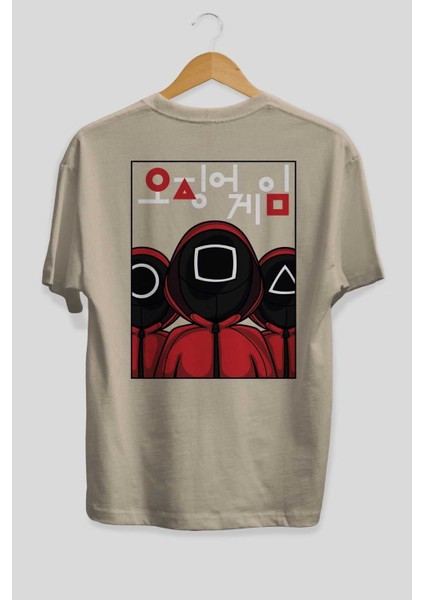 Squid Game (7) Arka Baskılı Bej Oversize T-Shirt Bisiklet Yaka Pamuk Erkek Kadın fiyatları