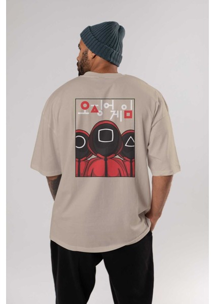 Squid Game (7) Arka Baskılı Bej Oversize T-Shirt Bisiklet Yaka Pamuk Erkek Kadın fırsatları