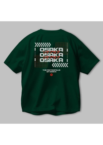 The Metropolis Osaka Arka Baskılı Zümrüt Yeşili Oversize T-Shirt Erkek Kadın Bisiklet Yaka modelleri
