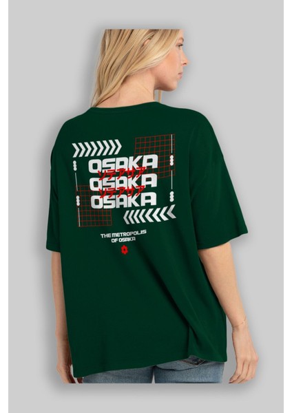 The Metropolis Osaka Arka Baskılı Zümrüt Yeşili Oversize T-Shirt Erkek Kadın Bisiklet Yaka fırsatları
