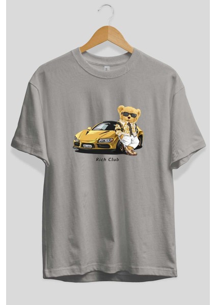 Teddy Bear Rich Club Ön Baskılı Gri Oversize T-Shirt Unisex Erkek Kadın Bisiklet Yaka fiyatları