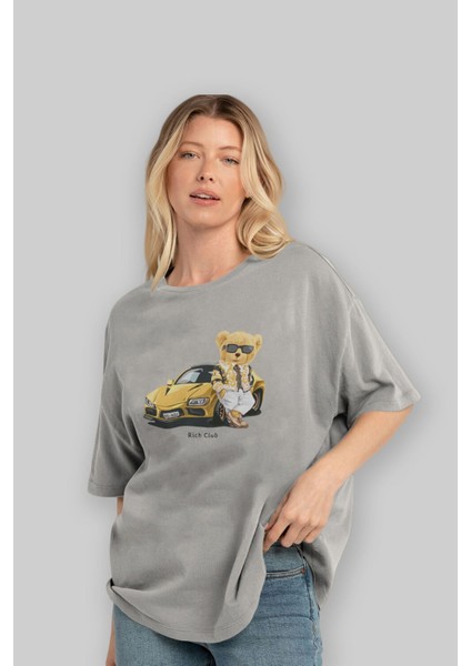 Teddy Bear Rich Club Ön Baskılı Gri Oversize T-Shirt Unisex Erkek Kadın Bisiklet Yaka fırsatları