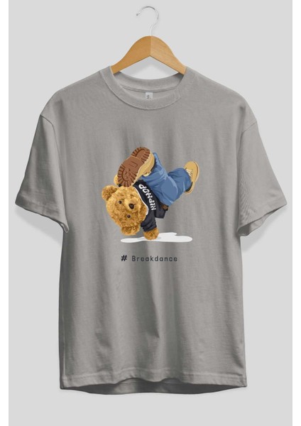 Teddy Bear Breakdance Ön Baskılı Gri Oversize T-Shirt Unisex Erkek Kadın Bisiklet Yaka fiyatları