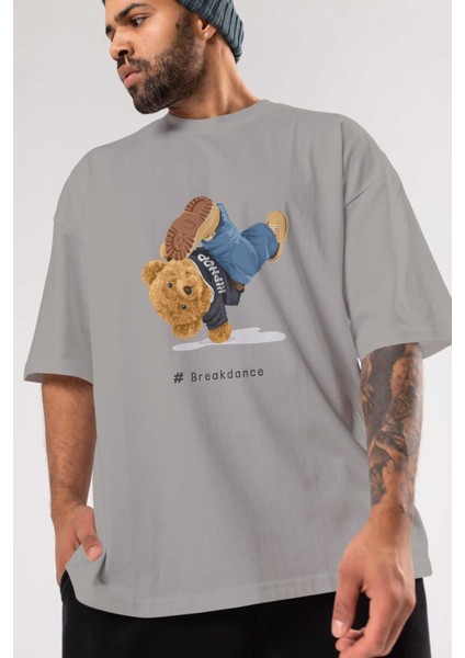 Teddy Bear Breakdance Ön Baskılı Gri Oversize T-Shirt Unisex Erkek Kadın Bisiklet Yaka modelleri