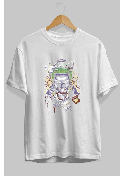 Joker Ön Baskılı Beyaz Oversize T-Shirt Bisiklet Yaka Erkek Kadın fiyatları