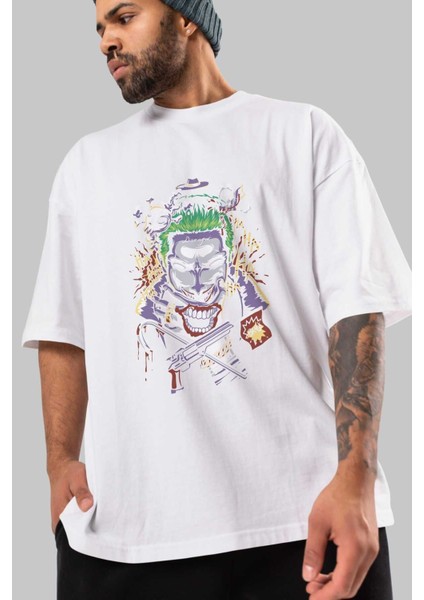 Joker Ön Baskılı Beyaz Oversize T-Shirt Bisiklet Yaka Erkek Kadın modelleri