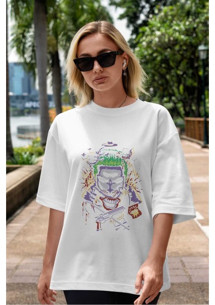 Joker Ön Baskılı Beyaz Oversize T-Shirt Bisiklet Yaka Erkek Kadın indirimleri