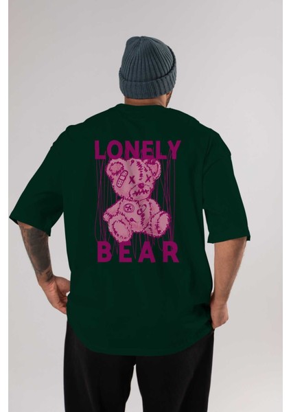 Lonely Bear Arka Baskılı Zümrüt Yeşili Oversize T-Shirt Unisex Erkek Kadın Bisiklet Yaka
