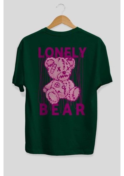 Lonely Bear Arka Baskılı Zümrüt Yeşili Oversize T-Shirt Unisex Erkek Kadın Bisiklet Yaka fiyatları