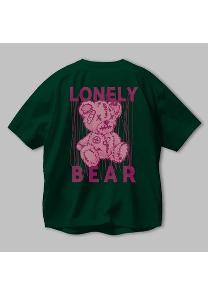 Lonely Bear Arka Baskılı Zümrüt Yeşili Oversize T-Shirt Unisex Erkek Kadın Bisiklet Yaka modelleri