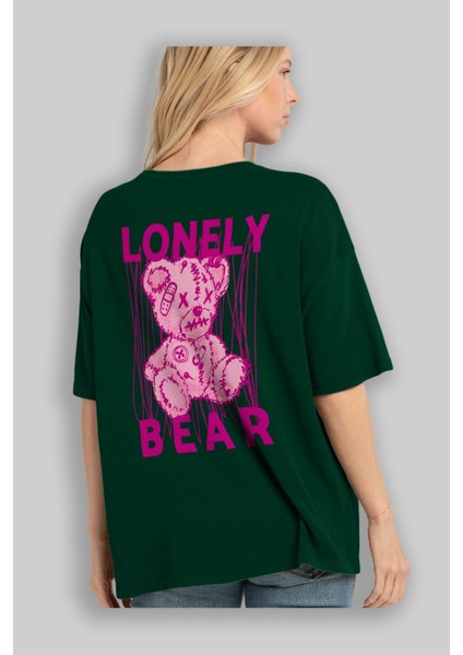 Lonely Bear Arka Baskılı Zümrüt Yeşili Oversize T-Shirt Unisex Erkek Kadın Bisiklet Yaka fırsatları