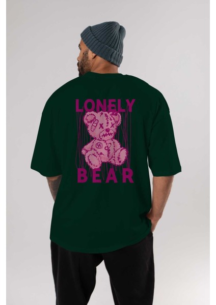 Lonely Bear Arka Baskılı Zümrüt Yeşili Oversize T-Shirt Unisex Erkek Kadın Bisiklet Yaka indirimleri