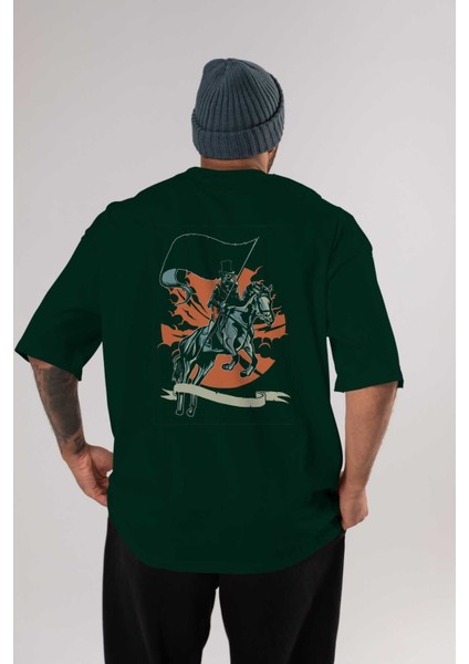 Plague Doctor Arka Baskılı Zümrüt Yeşili Oversize T-Shirt Erkek Kadın Bisiklet Yaka