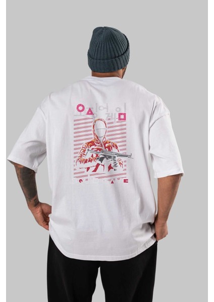 Squid Game (2) Arka Baskılı Beyaz Oversize T-Shirt Bisiklet Yaka Pamuk Erkek Kadın