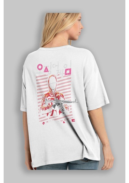 Squid Game (2) Arka Baskılı Beyaz Oversize T-Shirt Bisiklet Yaka Pamuk Erkek Kadın modelleri