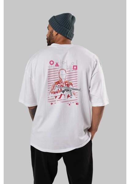 Squid Game (2) Arka Baskılı Beyaz Oversize T-Shirt Bisiklet Yaka Pamuk Erkek Kadın fırsatları