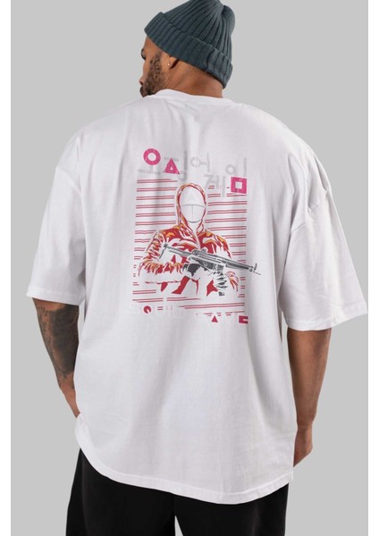 Squid Game (2) Arka Baskılı Beyaz Oversize T-Shirt Bisiklet Yaka Pamuk Erkek Kadın indirimleri