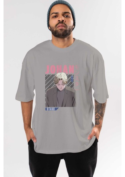 Johan Liebert Monster Anime Ön Baskılı Gri Oversize T-Shirt %100 Pamuk Erkek Kadın