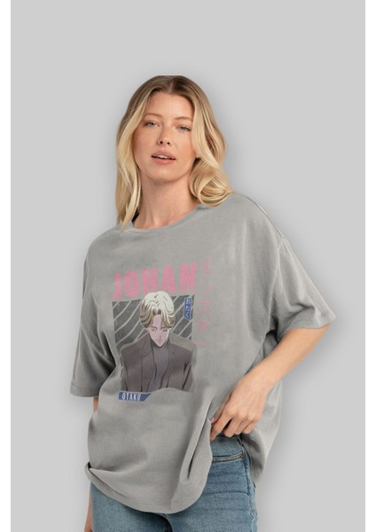 Johan Liebert Monster Anime Ön Baskılı Gri Oversize T-Shirt %100 Pamuk Erkek Kadın