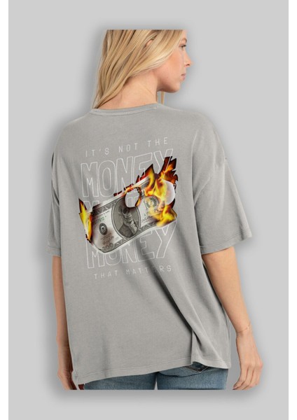 Teddy Bear Its Not The Money Arka Baskılı Gri Oversize T-Shirt Unisex Erkek Kadın Bisiklet Yaka modelleri