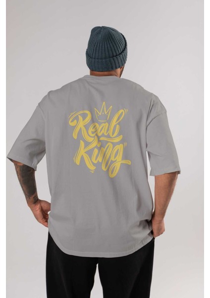 Real King Yazılı Arka Baskılı Gri Oversize T-Shirt Unisex Erkek Kadın Bisiklet Yaka