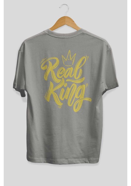 Real King Yazılı Arka Baskılı Gri Oversize T-Shirt Unisex Erkek Kadın Bisiklet Yaka fiyatları