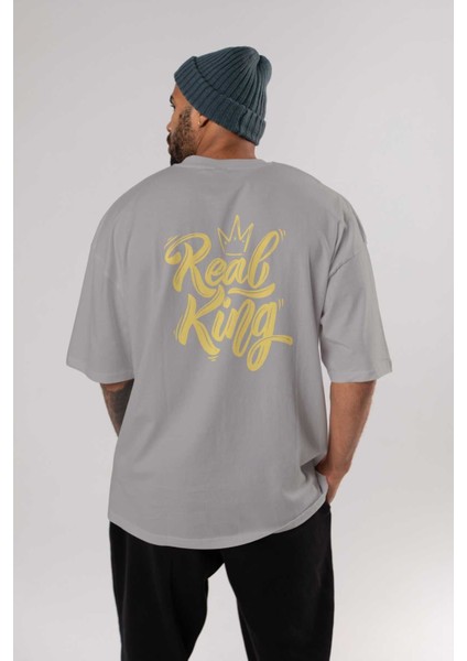 Real King Yazılı Arka Baskılı Gri Oversize T-Shirt Unisex Erkek Kadın Bisiklet Yaka fırsatları