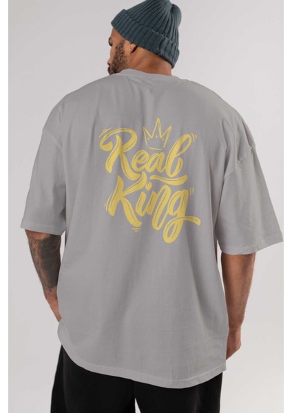 Real King Yazılı Arka Baskılı Gri Oversize T-Shirt Unisex Erkek Kadın Bisiklet Yaka indirimleri