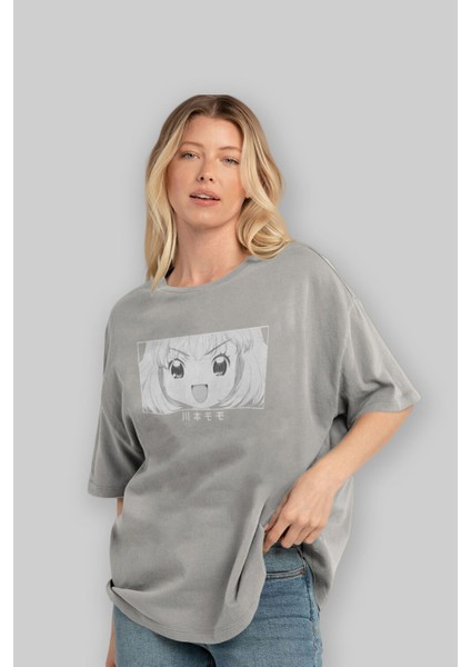 Momo Kawamoto 1 Anime Ön Baskılı Gri Oversize T-Shirt %100 Pamuk Erkek Kadın fırsatları