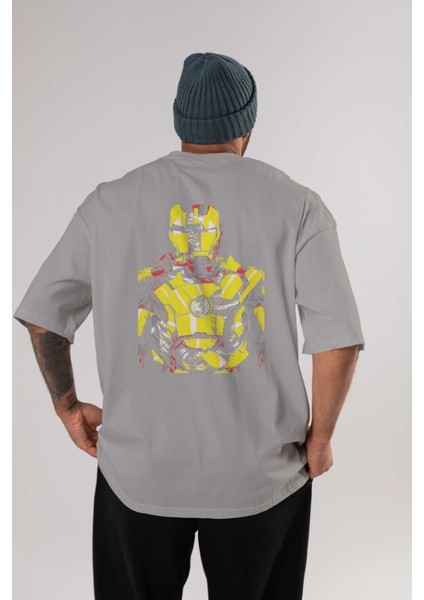 Iron Man (5) Arka Baskılı Gri Oversize T-Shirt Bisiklet Yaka Pamuk Erkek Kadın