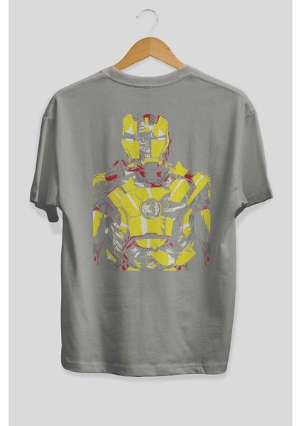 Iron Man (5) Arka Baskılı Gri Oversize T-Shirt Bisiklet Yaka Pamuk Erkek Kadın