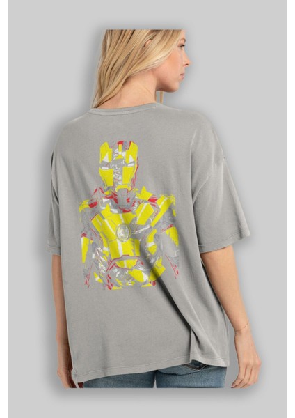 Iron Man (5) Arka Baskılı Gri Oversize T-Shirt Bisiklet Yaka Pamuk Erkek Kadın