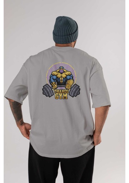 Thanos Gym Arka Baskılı Gri Oversize T-Shirt Bisiklet Yaka Pamuk Erkek Kadın