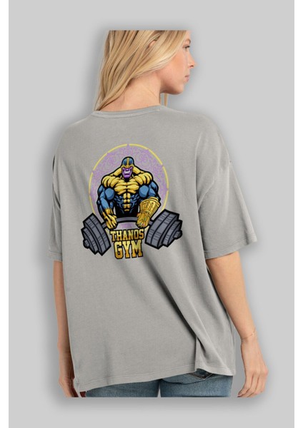 Thanos Gym Arka Baskılı Gri Oversize T-Shirt Bisiklet Yaka Pamuk Erkek Kadın modelleri
