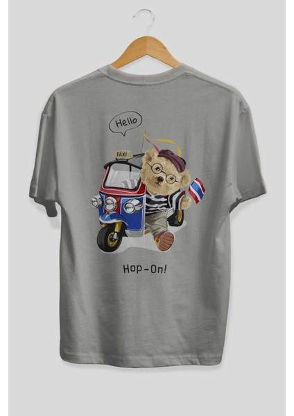 Teddy Bear Hop-On Arka Baskılı Gri Oversize T-Shirt Unisex Erkek Kadın Bisiklet Yaka fiyatları