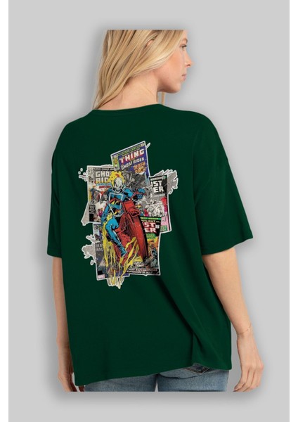 Ghost Rider Arka Baskılı Zümrüt Yeşili Oversize T-Shirt Bisiklet Yaka Erkek Kadın fırsatları