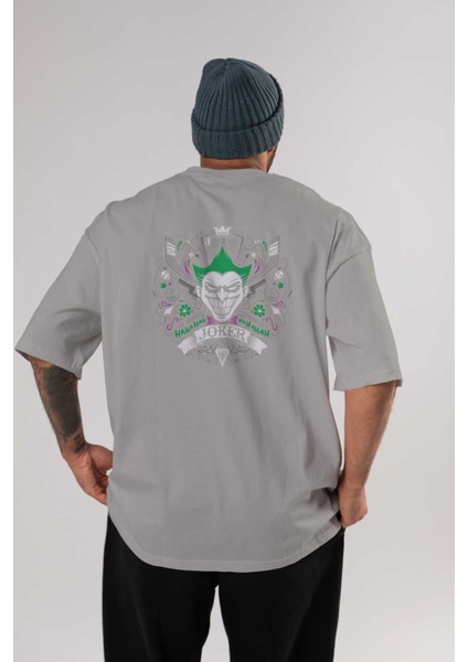 Joker (2) Arka Baskılı Gri Oversize T-Shirt Bisiklet Yaka Pamuk Erkek Kadın