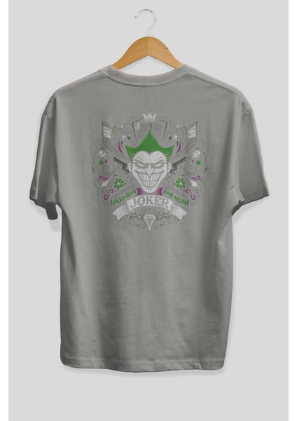Joker (2) Arka Baskılı Gri Oversize T-Shirt Bisiklet Yaka Pamuk Erkek Kadın fiyatları