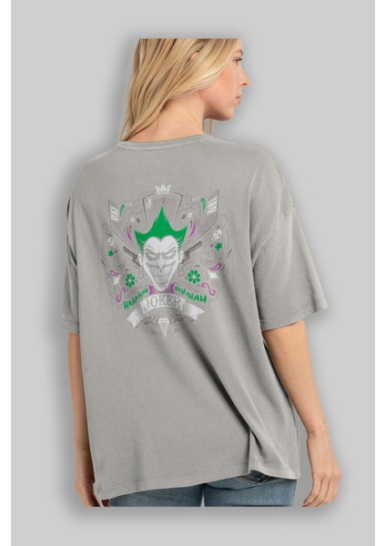 Joker (2) Arka Baskılı Gri Oversize T-Shirt Bisiklet Yaka Pamuk Erkek Kadın modelleri