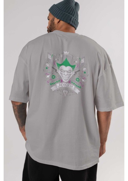 Joker (2) Arka Baskılı Gri Oversize T-Shirt Bisiklet Yaka Pamuk Erkek Kadın indirimleri