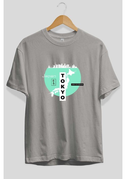 Japan Tokyo Ön Baskılı Gri Oversize T-Shirt Unisex Erkek Kadın Bisiklet Yaka fiyatları