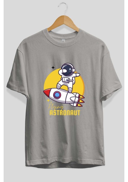 Flying Astronaut Yazılı Ön Baskılı Gri Oversize T-Shirt Unisex Erkek Kadın Bisiklet Yaka fiyatları