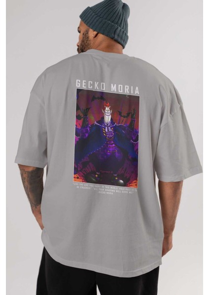 Gecko Moria Arka Baskılı Gri Oversize T-Shirt Unisex Erkek Kadın Bisiklet Yaka indirimleri