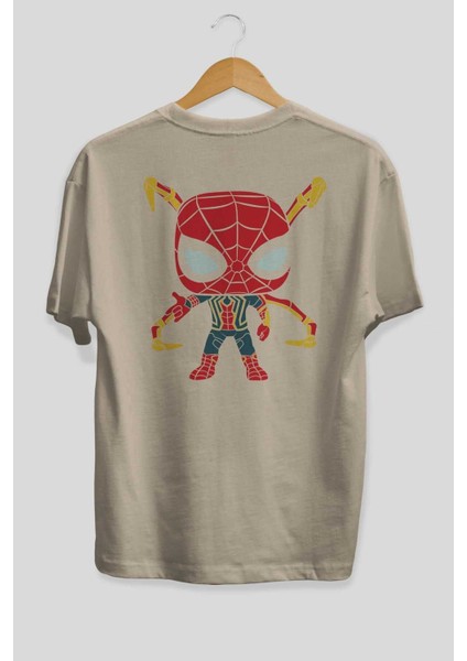 Spiderman (17) Arka Baskılı Bej Oversize T-Shirt Bisiklet Yaka Pamuk Erkek Kadın fiyatları